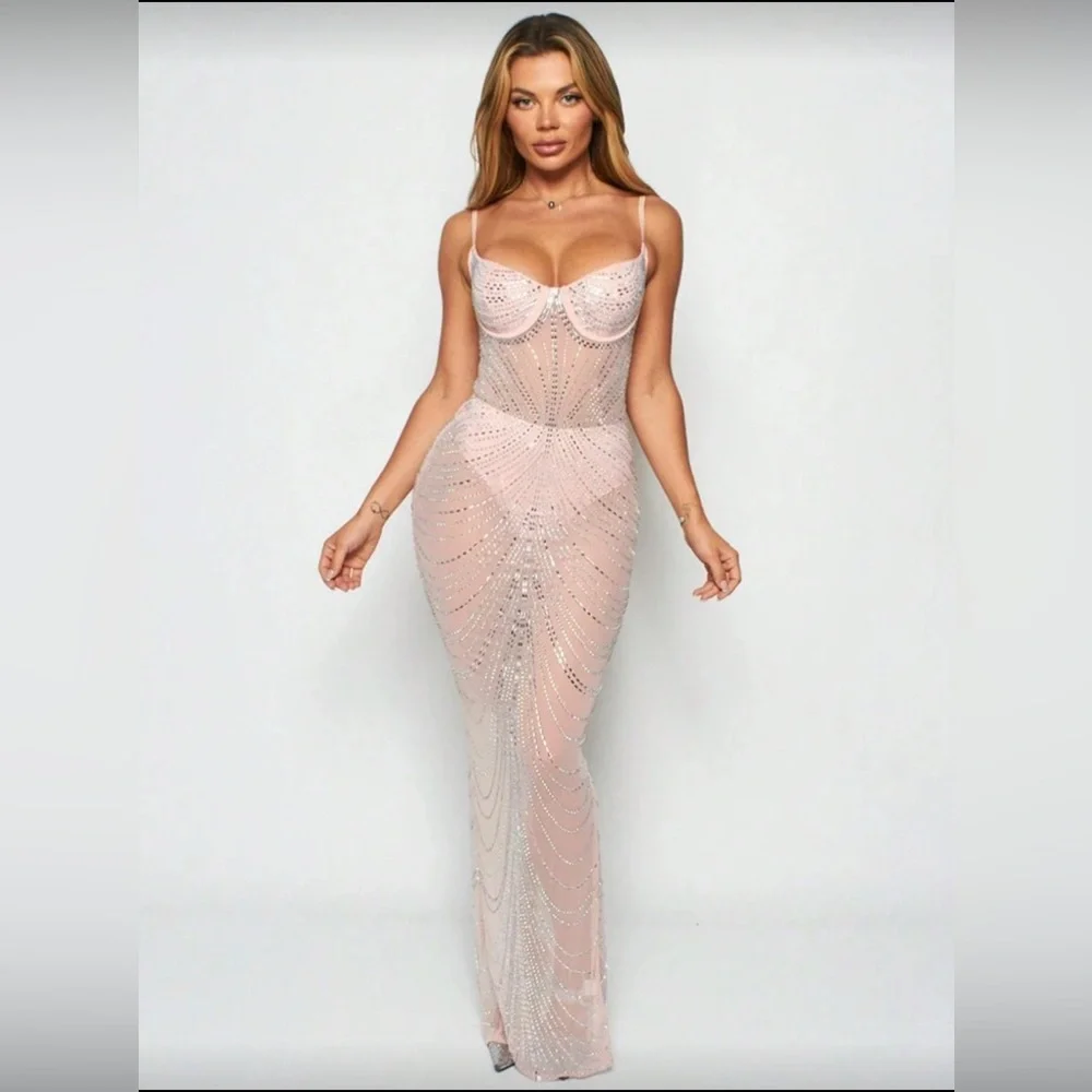 Pink Rhinestone Sheer Dress - Picture 1 of 5